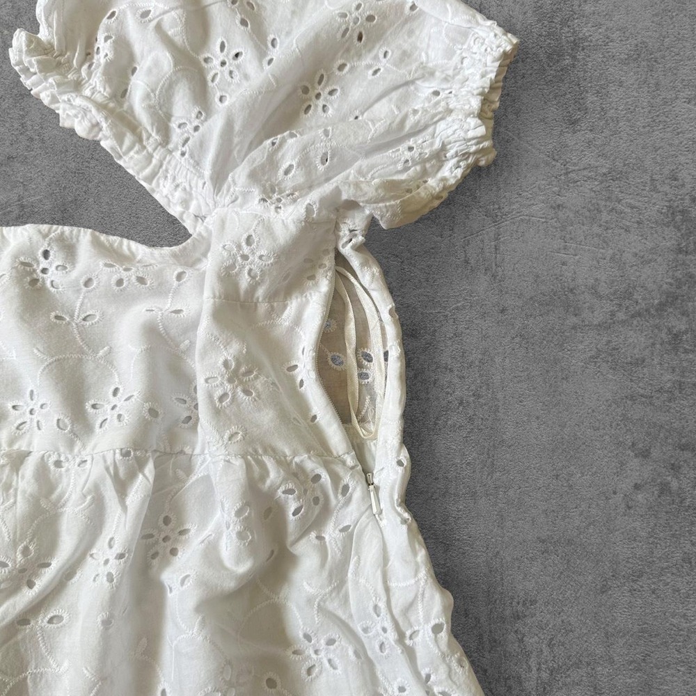 H&M White Eyelet Puff Sleeve Tiered Babydoll Mini Dress Womens Size M - Picture 2 of 5